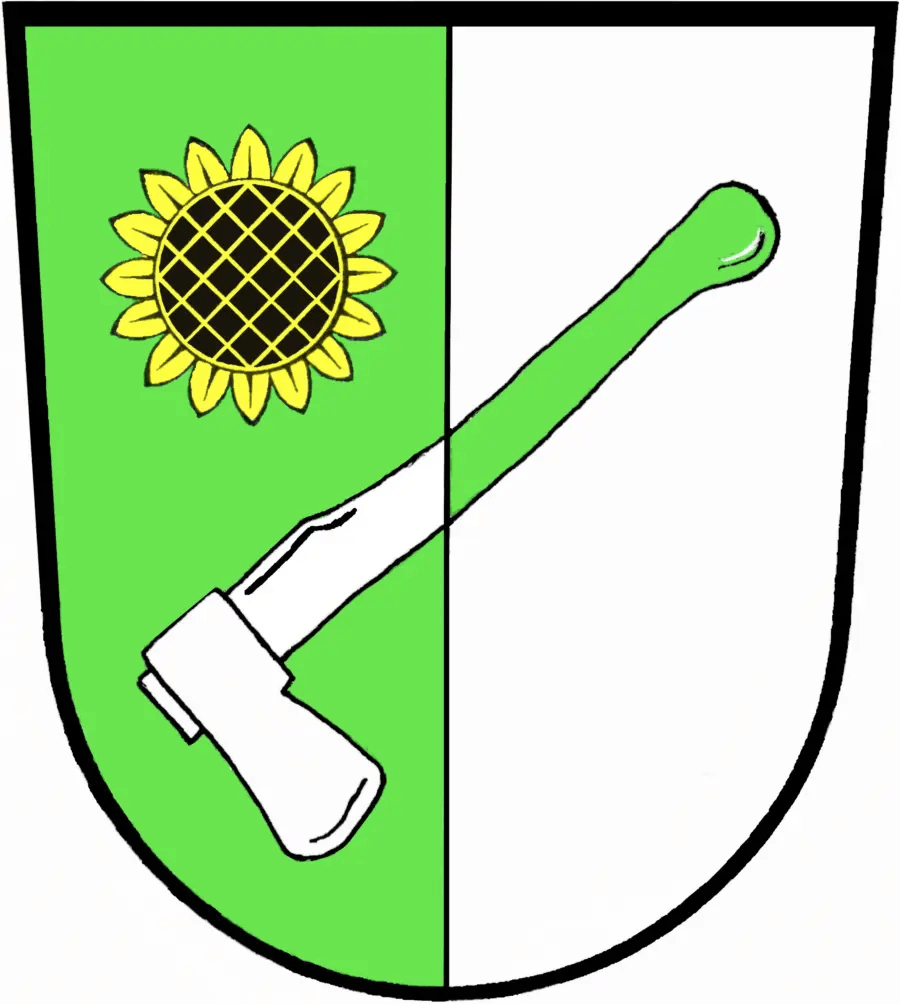 Das Hofstettener Dorfwappen mit Sonnenblume, Beil und geteilter Fläche